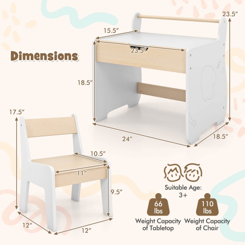 Costway 3 In 1 Kids Wood Table and Chair Set with Detachable Tabletop Hidden Storage Paper