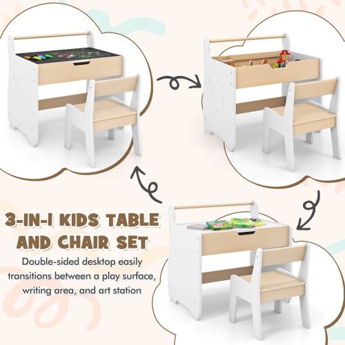 Costway 3 In 1 Kids Wood Table and Chair Set with Detachable Tabletop Hidden Storage Paper