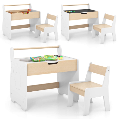 Costway 3 In 1 Kids Wood Table and Chair Set with Detachable Tabletop Hidden Storage Paper