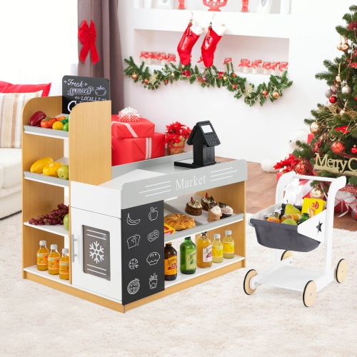 Costway Kids Grocery Store with Shopping Cart Cash Register Scanner Blackboards Toddlers