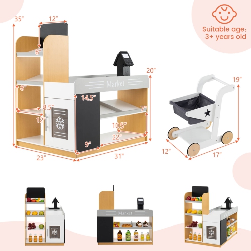 Costway Kids Grocery Store with Shopping Cart Cash Register Scanner Blackboards Toddlers