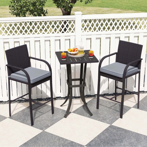Costway 3 PCS Patio Wicker Bar Set Rattan Chairs & Square Table with Heavy-Duty Metal Frame