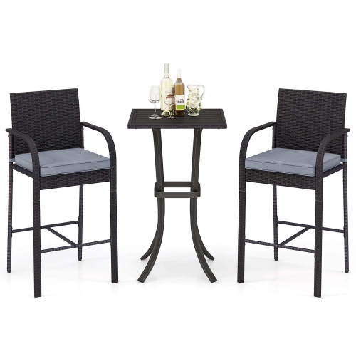 Costway 3 PCS Patio Wicker Bar Set Rattan Chairs & Square Table with Heavy-Duty Metal Frame