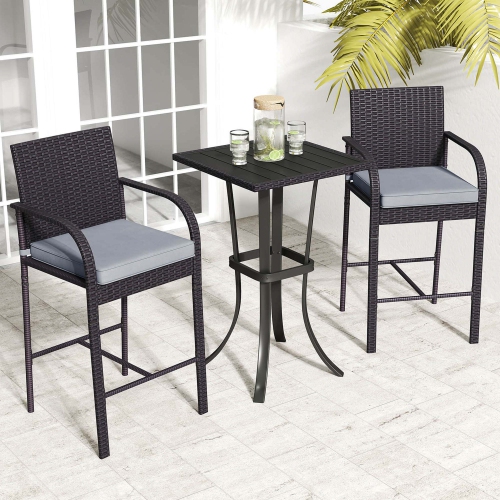 Costway 3 PCS Patio Wicker Bar Set Rattan Chairs & Square Table with Heavy-Duty Metal Frame