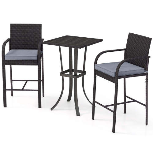 Costway 3 PCS Patio Wicker Bar Set Rattan Chairs & Square Table with Heavy-Duty Metal Frame