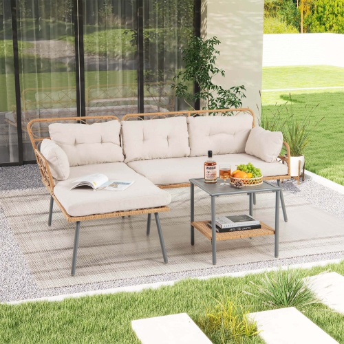 COSTWAY  3 PCs Corner Patio Furniture Cushioned Sofa Set With Small Coffee Table Outdoor