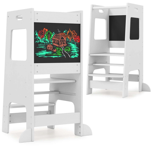 Costway Toddler Kitchen Step Stool with Activity Chalkboard Adjustable Height & Safety Rail