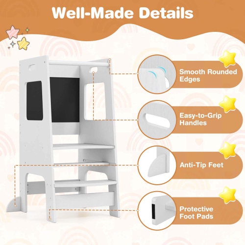 Costway Toddler Kitchen Step Stool with Activity Chalkboard Adjustable Height & Safety Rail