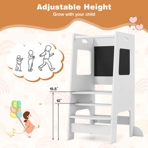 Costway Toddler Kitchen Step Stool with Activity Chalkboard Adjustable Height & Safety Rail