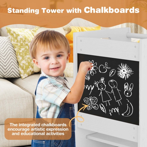 Costway Toddler Kitchen Step Stool with Activity Chalkboard Adjustable Height & Safety Rail