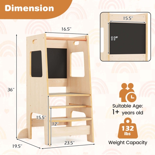 Costway Toddler Kitchen Step Stool with Activity Chalkboard Adjustable Height & Safety Rail