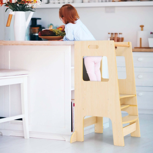 Costway Toddler Kitchen Step Stool with Activity Chalkboard Adjustable Height & Safety Rail