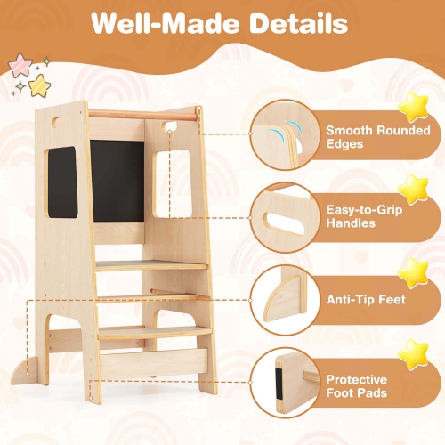 Costway Toddler Kitchen Step Stool with Activity Chalkboard Adjustable Height & Safety Rail