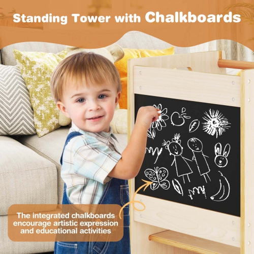 Costway Toddler Kitchen Step Stool with Activity Chalkboard Adjustable Height & Safety Rail