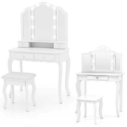 COSTWAY  Makeup Vanity Set With Tri-Fold Mirror & Led Lights Vanity Desk And Stool Set