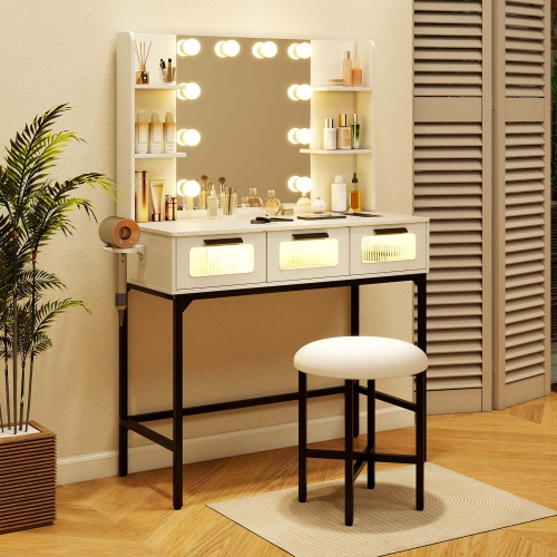 COSTWAY  Makeup Vanity Desk With Hollywood Mirror & Lights 3-Color Induction Lighting