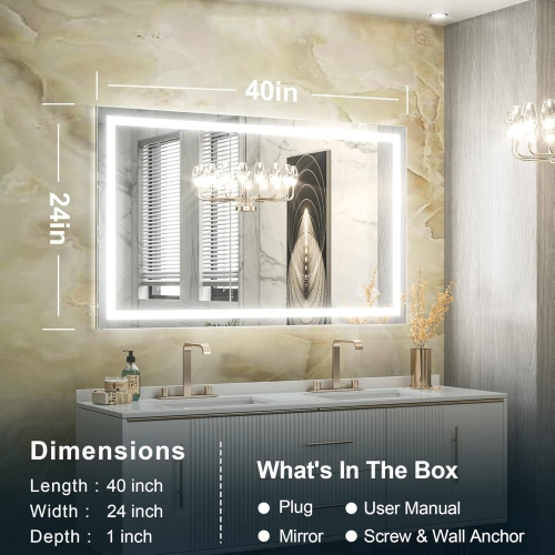 40 x 24 Bathroom LED Mirror Home Decor Vanity Makeup Mirror Dimmable Anti-Fog Wall Mounted Birthday Gift Wedding Gift