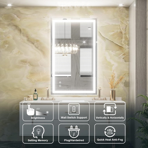 40 x 24 Bathroom LED Mirror Home Decor Vanity Makeup Mirror Dimmable Anti-Fog Wall Mounted Birthday Gift Wedding Gift