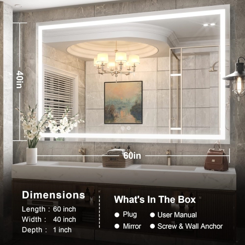 60 x 40 Bathroom LED Mirror Home Decor Vanity Makeup Mirror Dimmable Anti-Fog Wall Mounted Birthday Gift Wedding Gift