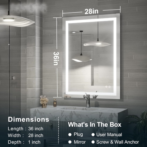 36 x 28 Bathroom LED Mirror Home Decor Vanity Makeup Mirror Dimmable Anti-Fog Wall Mounted Birthday Gift Wedding Gift
