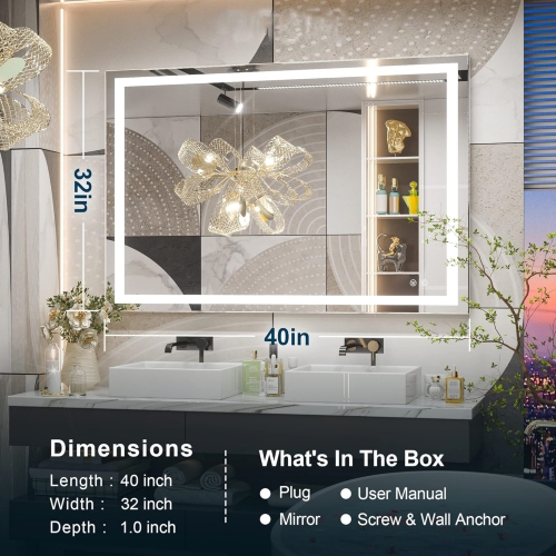 40 x 32 Bathroom LED Mirror Home Decor Vanity Makeup Mirror Dimmable Anti-Fog Wall Mounted Birthday Gift Wedding Gift