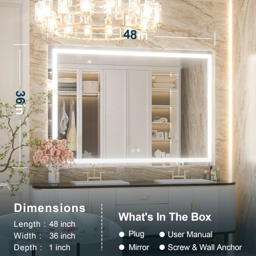 48 x 36 Bathroom LED Mirror Home Decor Vanity Makeup Mirror Dimmable Anti-Fog Wall Mounted Birthday Gift Wedding Gift