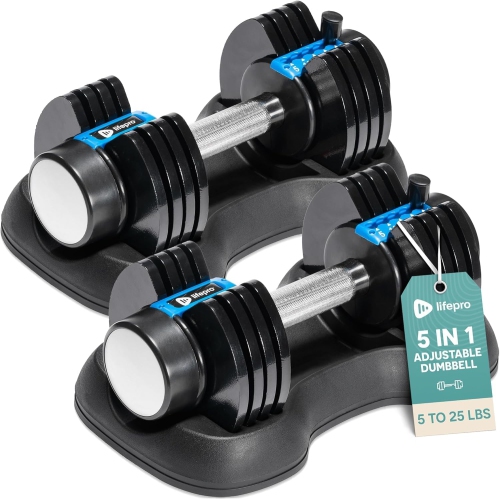 Haltères réglables de Lifepro&nbsp;: 15&nbsp;lb-90&nbsp;lb, ajustement rapide, poids à prise sûre. Modèle compact pour les gymnases à domicile.