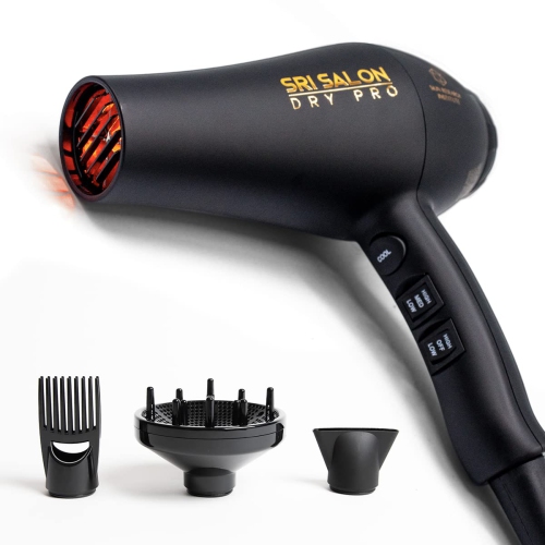 SRI Salon Dry Pro Infrared Blow Dryer, 1875W, Reduces Frizz & Drying Time, Free Attachments - Concentrator, Diffuser, Comb