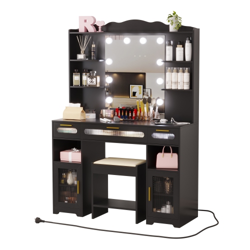 Coiffeuse Vlsrka avec miroir et lumières, ensemble coiffeuse de 43&nbsp;po avec station de recharge, grande table de coiffure avec ampoules et lumino
