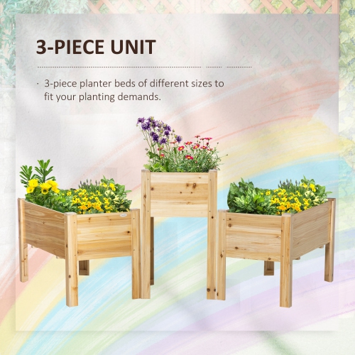 Outsunny Raised Garden Bed Set of 3, Wood Planter Box, Elevated Raised Beds for Fruit Vegetable Flower Herb, Outdoor Freestanding Garden Boxes for