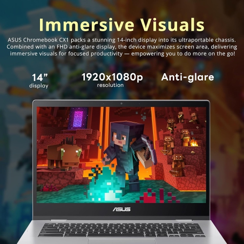 ASUS Chromebook CX1 14" FHD Laptop, Intel Celeron N4500, 224GB Storage, 4GB RAM, Intel UHD Graphics, HD Camera, WiFi 6, Chrome OS, Silver