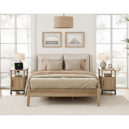 WAMPAT Set of 2 End Tables with Charging Station, Sofa Side Tables with Storage Cabinet for Living Room, Light Wood Bedside Table with Metal Leg,