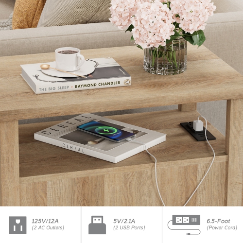 WAMPAT Set of 2 End Tables with Charging Station, Sofa Side Tables with Storage Cabinet for Living Room, Light Wood Bedside Table with Metal Leg,
