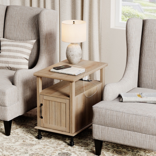 WAMPAT Oak End Table with Charging Station, Sofa Side Table with Storage Cabinet for Living Room, Light Wood Bedside Table with Metal Leg, Farmhouse