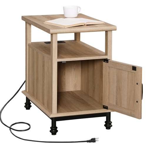 WAMPAT Oak End Table with Charging Station, Sofa Side Table with Storage Cabinet for Living Room, Light Wood Bedside Table with Metal Leg, Farmhouse