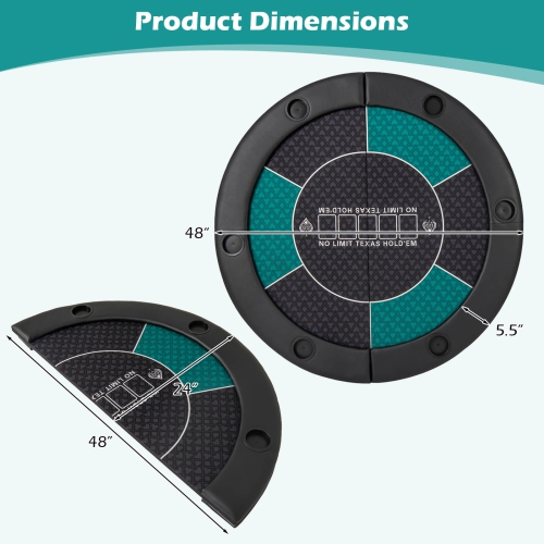 Dessus de table de poker pliable de 48&nbsp;po pour 6 joueurs de Costway avec sac de transport Porte-gobelets Rails rembourrés
