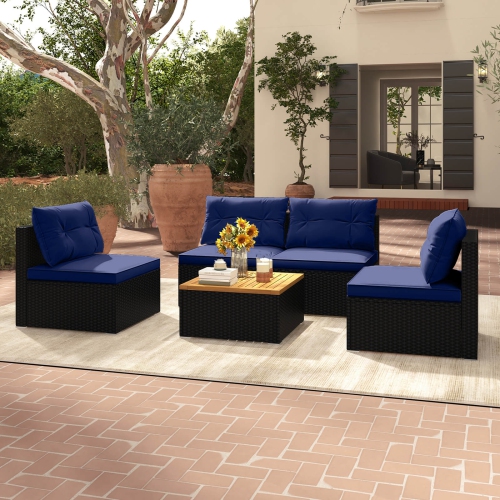 Costway 5 Piece Outdoor Furniture Set with Seat & Back Cushions Acacia Wood Tabletop