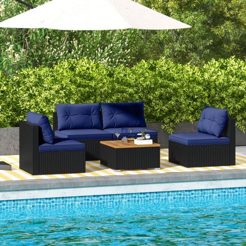 Costway 5 Piece Outdoor Furniture Set with Seat & Back Cushions Acacia Wood Tabletop