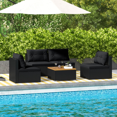 Costway 5 Piece Outdoor Furniture Set with Seat & Back Cushions Acacia Wood Tabletop