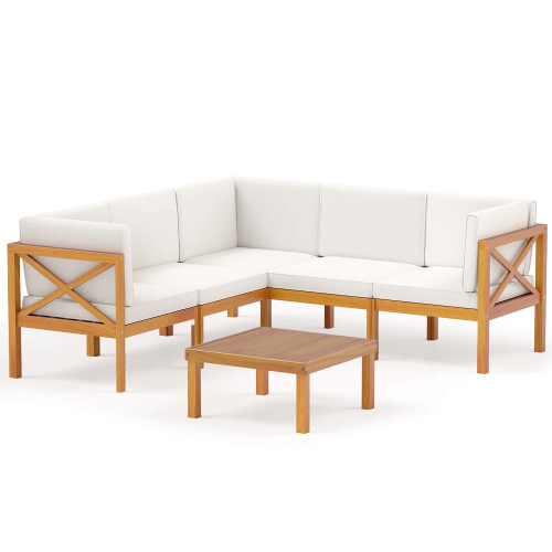 Costway 6 PCS Acacia Wood Patio Furniture Set with Cushions and Coffee Table for Garden