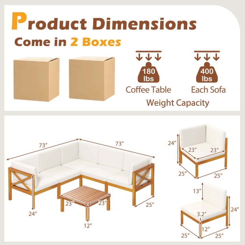 Costway 6 PCS Acacia Wood Patio Furniture Set with Cushions and Coffee Table for Garden