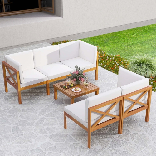 Costway 6 PCS Acacia Wood Patio Furniture Set with Cushions and Coffee Table for Garden