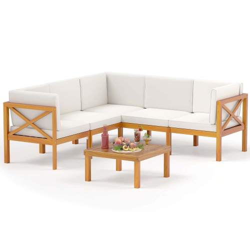 Costway 6 PCS Acacia Wood Patio Furniture Set with Cushions and Coffee Table for Garden