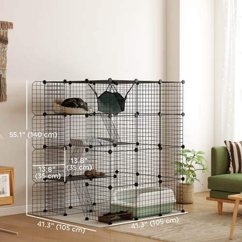 PawHut DIY Large Cat Cage Indoor, Catio Pet Playpen with Platforms, Ramps, Kitten Exercise Place for 1-3 Cats, Bunny and Chinchillas, 41 x 41 x 55in,