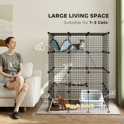 PawHut DIY Large Cat Cage Indoor, Catio Pet Playpen with Platforms, Ramps, Kitten Exercise Place for 1-3 Cats, Bunny and Chinchillas, 41 x 41 x 55in,