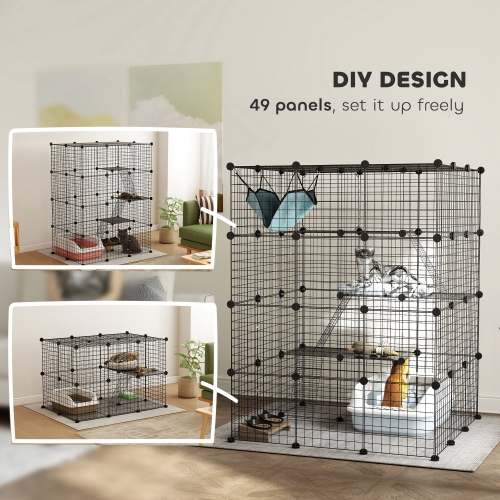 PawHut DIY Large Cat Cage Indoor, Catio Pet Playpen with Platforms, Ramps, Kitten Exercise Place for 1-3 Cats, Bunny and Chinchillas, 41 x 41 x 55in,