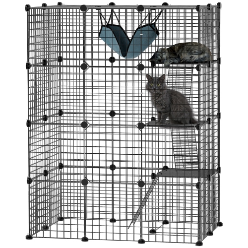 PawHut DIY Large Cat Cage Indoor, Catio Pet Playpen with Platforms, Ramps, Kitten Exercise Place for 1-3 Cats, Bunny and Chinchillas, 41 x 28 x 55in,