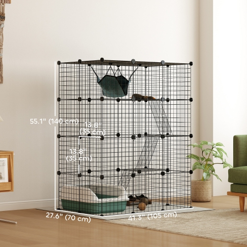 PawHut DIY Large Cat Cage Indoor, Catio Pet Playpen with Platforms, Ramps, Kitten Exercise Place for 1-3 Cats, Bunny and Chinchillas, 41 x 28 x 55in,