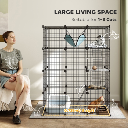 PawHut DIY Large Cat Cage Indoor, Catio Pet Playpen with Platforms, Ramps, Kitten Exercise Place for 1-3 Cats, Bunny and Chinchillas, 41 x 28 x 55in,