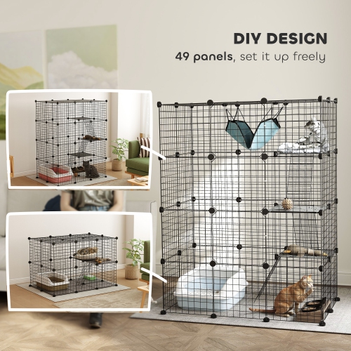 PawHut DIY Large Cat Cage Indoor, Catio Pet Playpen with Platforms, Ramps, Kitten Exercise Place for 1-3 Cats, Bunny and Chinchillas, 41 x 28 x 55in,